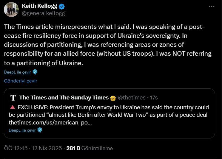 <p>Ο Kellogg είπε ότι δεν μιλούσε για τη διχοτόμηση της Ουκρανίας αλλά για μια δύναμη που θα συσταθεί μετά την κατάπαυση του πυρός για να υποστηρίξει την κυριαρχία της χώρας. "Μιλούσα για τις περιοχές ευθύνης ή τις περιοχές μιας συμμαχικής δύναμης (χωρίς αμερικανικά στρατεύματα). Δεν μιλούσα για τη διχοτόμηση της Ουκρανίας", είπε.</p>