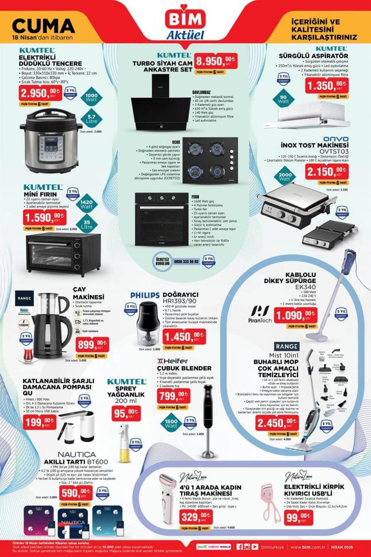 <p> </p>

<p> </p>

<p><strong>• <strong>Kumtel Elektrikli Düdüklü Tencere</strong></strong>: <strong>2.950 TL</strong></p>

<p><strong>• <strong>Kumtel Turbo Siyah Cam Ankastre Set</strong></strong>: <strong>8.950 TL</strong></p>

<p><strong>• <strong>Kumtel Sürgülü Aspiratör</strong></strong>: <strong>1.350 TL</strong></p>

<p><strong>• <strong>Onvo Inox Tost Makinesi</strong></strong>: <strong>2.150 TL</strong></p>

<p><strong>• <strong>Kumtel Mini Fırın</strong></strong>: <strong>1.590 TL</strong></p>

<p><strong>• <strong>Range Çay Makinesi</strong></strong>: <strong>899 TL</strong></p>

<p><strong>• <strong>Philips Doğrayıcı</strong></strong>: <strong>1.450 TL</strong></p>

<p><strong>• <strong>Pirantech Kablolu Dikey Süpürge</strong></strong>: <strong>1.090 TL</strong></p>

<p><strong>• <strong>Range Buharlı Mop Çok Amaçlı Temizleyici</strong></strong>: <strong>2.450 TL</strong></p>

<p><strong>• <strong>Heifer Çubuk Blender</strong></strong>: <strong>799 TL</strong></p>

<p><strong>• <strong>Kumtel Sprey Yağdanlık</strong></strong> 200 ml: <strong>95 TL</strong></p>

<p><strong>• <strong>QU Katlanabilir Şarjlı Damacana Pompası</strong></strong>: <strong>199 TL</strong></p>

<p><strong>• <strong>Nautica Akıllı Tartı</strong></strong>: <strong>590 TL</strong></p>

<p><strong>• <strong>Naturalove 4'ü 1 Arada Kadın Tıraş Makinesi</strong></strong>: <strong>329 TL</strong></p>
