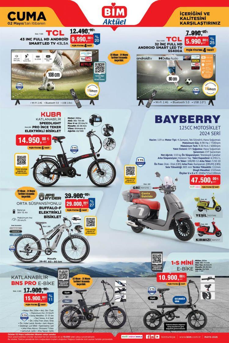 <p> </p>
<p> </p>
<p>· <strong>BAYBERRY 125cc Motosiklet 2024 Seri: 47.500,00 TL</strong></p>
<p>· <strong>KUBA Speedlight Pro Elektrikli Bisiklet: 14.950,00 TL</strong></p>
<p>· <strong>Buffalo-F Orta Süspansiyonlu Elektrikli Bisiklet: 29.000,00 TL</strong></p>
<p>· <strong>TCL 43” Full HD Android Smart LED TV: 9.990,00 TL</strong></p>
<p>· <strong>BNS Pro Katlanabilir Elektrikli Bisiklet: 15.900,00 TL</strong></p>
<p>· <strong>TCL 32” Android Smart LED TV: 5.990,00 TL</strong></p>
<p>· <strong>1-S Mini E-Bike: 10.900,00 TL</strong></p>
