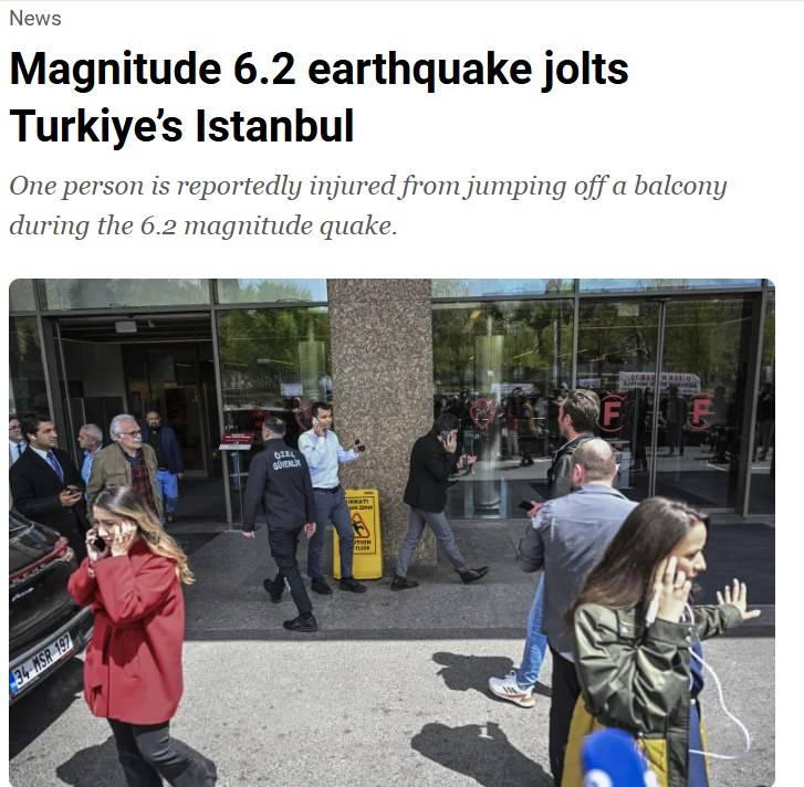 <p>Al Jazzera haber kanalı ise İstanbul'da meydana gelen 6.2 deprmi duyurduğu haberinde 6.2 büyüklüğündeki depremde bir kişinin balkondan atlayarak yaralandığı bildirildi.</p>