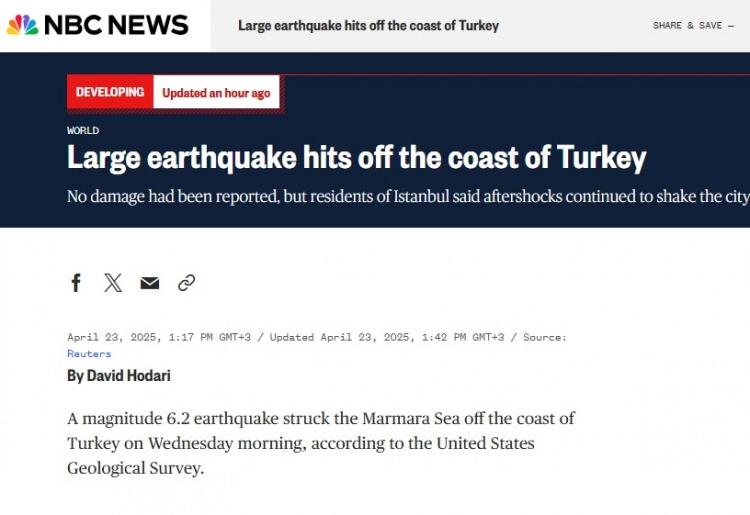 <p>Amerikan yayın televizyon ağı NBC'nin haber bölümü NBC News ise haberi "Türkiye kıyılarında büyük deprem meydana geldi" şeklinde duyurdu.</p>
<p> </p>