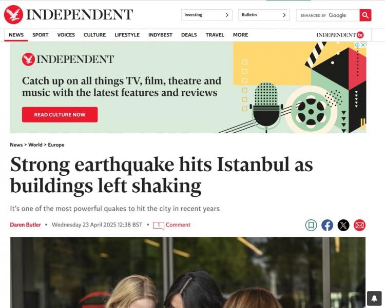 <p>Independent isimli uluslararası haber ajanası ise yaşanan gelişmeyi "İstanbul'da şiddetli deprem meydana geldi, binalar sallandı" başlığıyla ele aldı.</p>