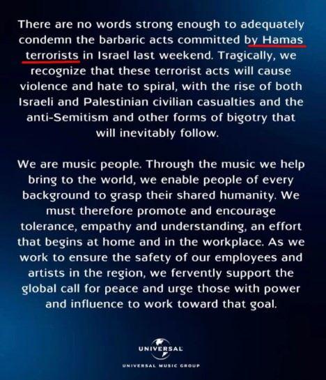 <p>UMG, Siyonist İsrail'in katlimlarını meşrulaştıran, vatanlarını savunan Hamas ve Gazzelilere 'terörist' nitelemesi yapan açıklama yapmıştı. </p><p> </p>