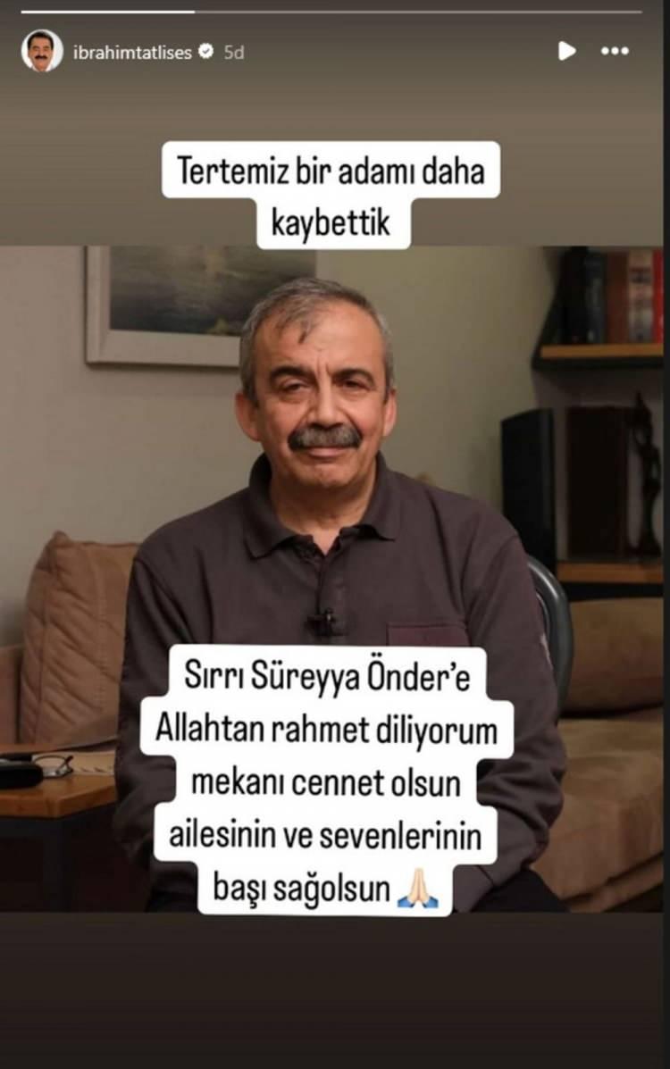 <p><strong>İBRAHİM TATLISES</strong></p>
<p>"Tertemiz bir adamı kaybettik. Sırrı Süreyya Önder'e Allah'tan rahmet diliyorum. Mekânı cennet olsun. Ailesinin ve sevenlerinin başı sağ olsun."</p>