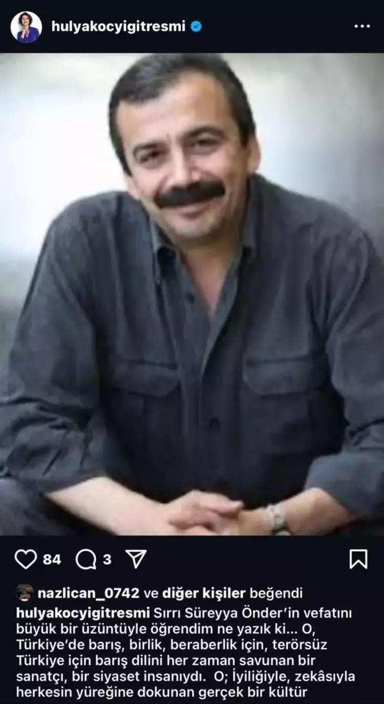<p><strong>HÜLYA KOÇYİĞİT</strong><br />
"Sırrı Süreyya Önder'in vefatını büyük bir üzüntüyle öğrendim ne yazık ki… O, Türkiye'de barış, birlik, beraberlik için, terörsüz Türkiye için barış dilini her zaman savunan bir sanatçı, bir siyaset insanıydı. O; İyiliğiyle, zekâsıyla herkesin yüreğine dokunan gerçek bir kültür insanıydı. Hoşça kal Sırrı Süreyya Önder. Kalbimizde, barış için verdiğin çabalarla yaşamaya devam edeceksin. Kendisine Allah'tan rahmet, ailesi başta olmak üzere tüm sevenlerine sabır diliyorum."</p>