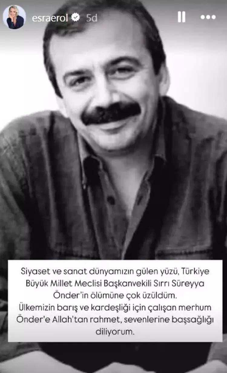 <p><strong>ESRA EROL</strong><br />
"Siyaset ve sanat d&uuml;nyamızın g&uuml;len y&uuml;z&uuml;, T&uuml;rkiye B&uuml;y&uuml;k Millet Meclisi Başkanvekili Sırrı S&uuml;reyya &Ouml;nder'in &ouml;l&uuml;m&uuml;ne &ccedil;ok &uuml;z&uuml;ld&uuml;. &Uuml;lkemizin barış ve kardeşliği i&ccedil;in &ccedil;alışan merhum &Ouml;nder'e Allah'tan rahmet, sevenlerine başsağlığı diliyorum."</p>

<p>&nbsp;</p>
