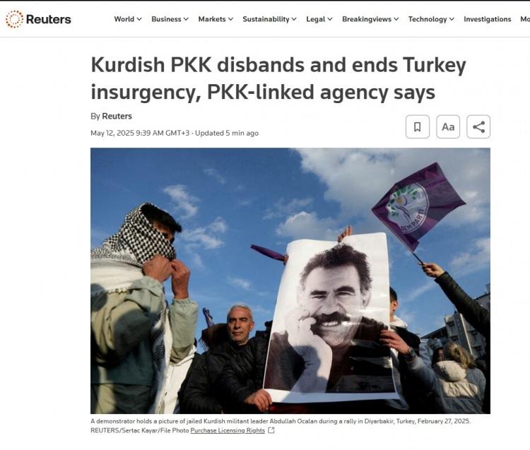 <p><span style="color:#B22222"><strong>REUTERS</strong></span></p>
<p> </p>
<p>'PKK bağlantılı kuruluştan açıklama: PKK dağılıyor ve Türkiye isyanını sonlandırıyor.' </p>