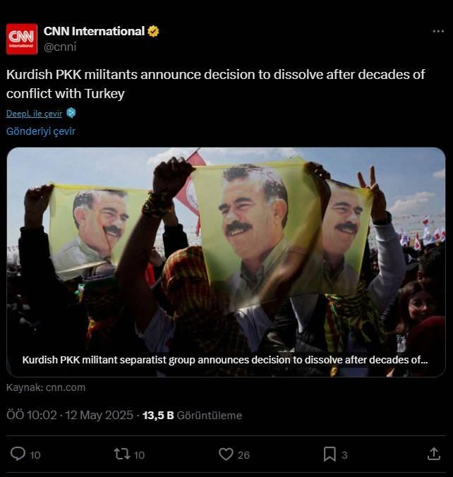 <p><span style="color:#B22222"><strong>CNN INTERNATIONAL</strong></span></p>
<p> </p>
<p>'PKK militanları Türkiye ile onlarca yıl süren çatışmanın ardından dağılma kararı aldı'</p>