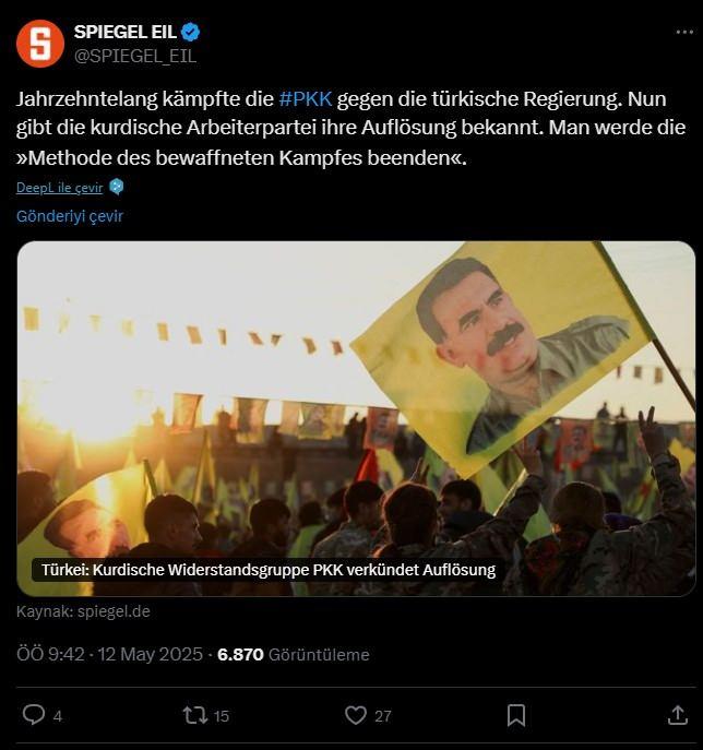 <p><span style="color:#B22222"><strong>SPIEGEL EIL</strong></span></p>
<p> </p>
<p>'Pkk onlarca yıldır Türk hükümetine karşı mücadele etti. Şimdi fesih kararını açıklıyor. Silahlı mücadele yöntemine son verilecek.'</p>