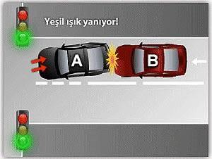 <p>C) Her İki araç aynı yönde seyir halinde İken kırmızı ışık yeşil ışığa dönüyor. A aracı geriye doğru hareket ediyor. A aracı %100 (K. Y. T .K.67 ve Yön:137) kusurludur.</p><p><strong>ARAÇ</strong></p><p><strong>KUSUR(%)</strong></p><p>A- 100</p><p>B - 0</p><p> </p><p> </p>