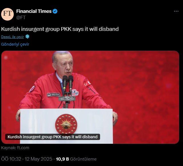 <p><span style="color:#B22222"><strong>FINANCIAL TIMES</strong></span></p>
<p> </p>
<p><br />
'PKK dağılacağını duyurdu.'</p>