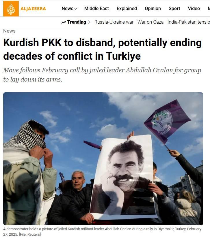 <p><span style="color:#B22222"><strong>AL JAZEERA</strong></span></p>
<p> </p>
<p>'PKK dağılacak, Türkiye'de onlarca yıldır süren çatışmalar sona erecek.'</p>