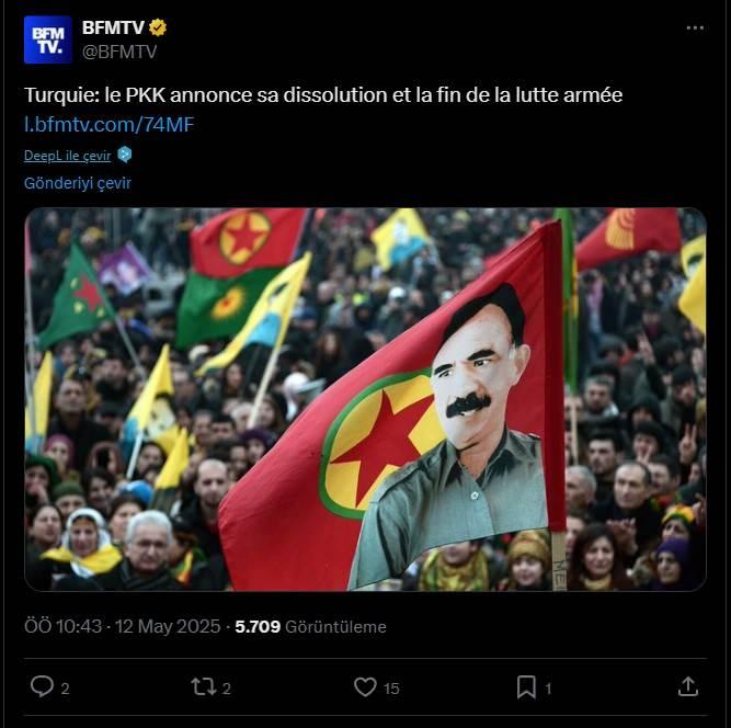 <p><span style="color:#B22222"><strong>BFMTV</strong></span></p>
<p> </p>
<p>'Türkiye: PKK dağıldığını ve silahlı mücadelenin sona erdiğini duyurdu'</p>