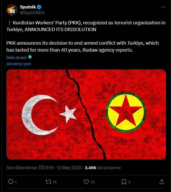 <p><span style="color:#B22222"><strong>SPUTNİK</strong></span></p>
<p> </p>
<p>'❗️ Türkiye'de terör örgütü olarak tanınan Kürdistan İşçi Partisi (PKK), feshedildiğini duyurdu</p>
<p>Rudaw'ın haberine göre, PKK, Türkiye ile 40 yılı aşkın süredir devam eden silahlı çatışmaya son verme kararını açıkladı.'</p>