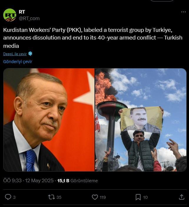 <p><span style="color:#B22222"><strong>RUSSIAN TODAY</strong></span></p>
<p> </p>
<p>'Türkiye tarafından terör örgütü olarak nitelendirilen Kürdistan İşçi Partisi (PKK), dağıldığını ve 40 yıllık silahlı çatışmanın sona erdiğini duyurdu'</p>