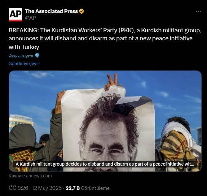 <p><span style="color:#B22222"><strong>THE ASSOCIATED PRESS</strong></span></p>
<p> </p>
<p>SON DAKİKA: Kürdistan İşçi Partisi (PKK), Kürt militan grubu, Türkiye ile yeni bir barış girişiminin parçası olarak dağılacağını ve silahsızlanacağını duyurdu</p>