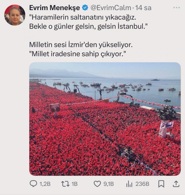 <p>CHP üyesi Evrim Menekşe ve diğer birçok hesabın, CHP İzmir mitingi diye paylaştığı görsellerin AK Parti ve MHP'nin 2019'da ortak düzenlediği İzmir mitingine ait olduğu ortaya çıktı. Paylaşılan görsellerde Cumhurbaşkanı Erdoğan ve Devlet Bahçeli'nin resimleri yer alıyor.</p>

<p> </p>

