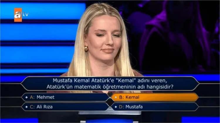 <p>Yarışmacı Kamile Bağcı, <strong>'B-Kemal'</strong> cevabını verdi, ancak doğru cevap <strong>'Mustafa' </strong>olacaktı.</p>
<p> </p>