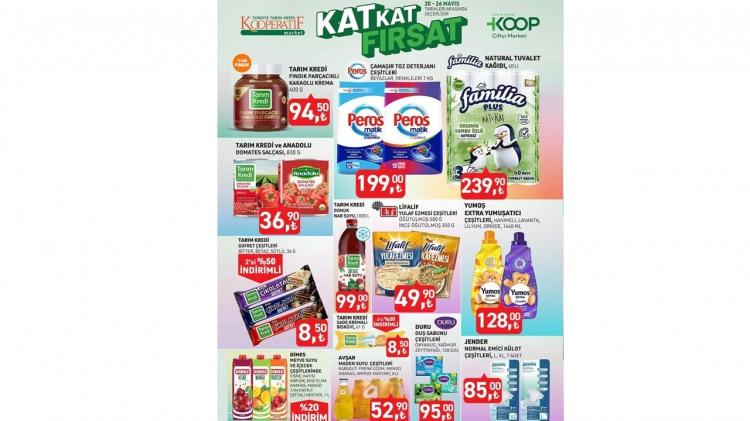 <p>Tarım Kredi Fındık Parçacıklı Kakaolu Krema 94.50 TL</p>
<p>Tarım Kredi ve Anadolu Domates Salçası 36.90 TL</p>
<p>Peros Toz Deterjanı Çeşitleri 199.00 TL</p>
<p>Familia Natural Tuvalet Kağıdı 40’lı 239.00 TL</p>
<p>Tarım Kredi Gofret Çeşitleri 8.50 TL</p>
<p>Tarım Kredi Donuk Nar Suyu 1000 L 99.00 TL</p>