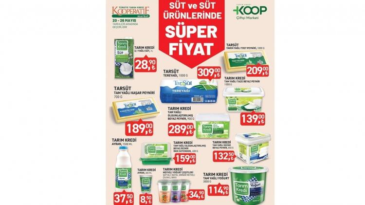 <p>Tarım Kredi 3,1 Yağlı Süt 28.90 TL</p>

<p>Tarsüt Tereyağı 309.00 TL</p>

<p>Tarsüt Yarım Yağlı Tost Peyniri 209.00 TL</p>

<p>Tarsüt Tam Yağlı Kaşar Peyniri 189.00 TL</p>

<p>Tarım Kredi Tam Yağlı Taze Beyaz Peynir 139.00 TL</p>

<p>Tarım Kredi Tam Yağlı Olgunlaştırılmış Beyaz Peynir 159.00 TL</p>
