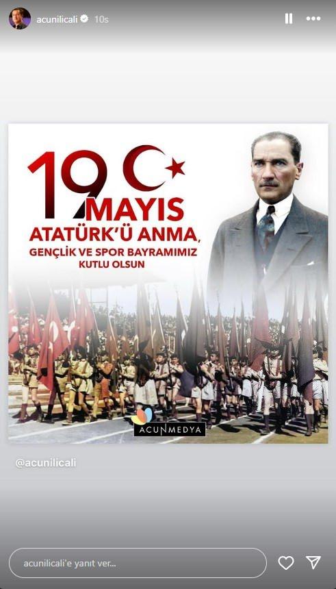 <p><span style="color:#000000"><strong>ACUN ILICALI</strong></span></p>

<p><em><span style="color:#000000"><strong>"</strong>19 Mayıs Atat&uuml;rk'&uuml; Anma Gen&ccedil;lik ve Spor Bayramı kutlu olsun."</span></em></p>
