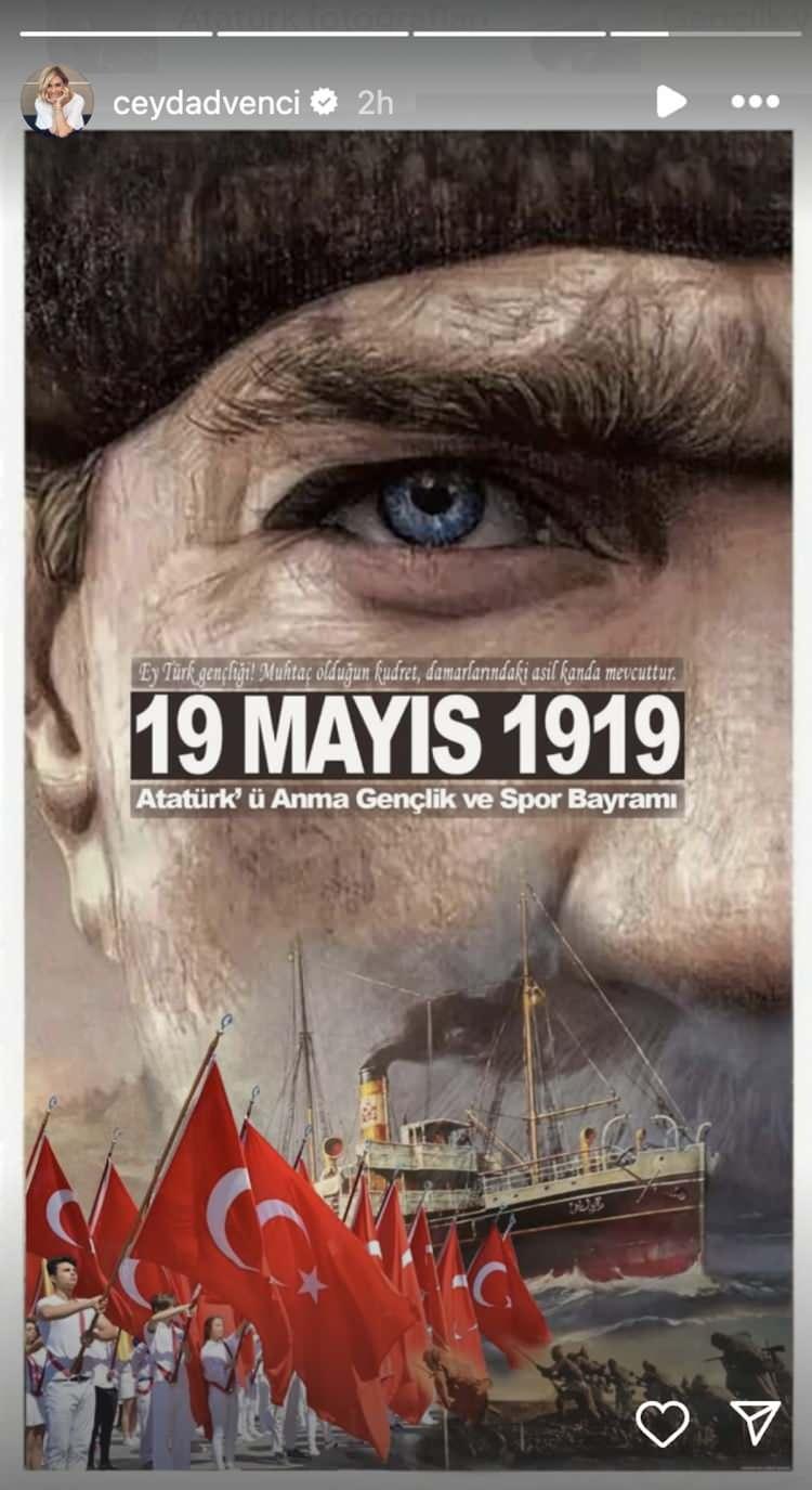<p><span style="color:#000000"><strong>CEYDA D&Uuml;VENCİ</strong></span></p>

<p><em><span style="color:#000000"><strong>"</strong>19 Mayıs Atat&uuml;rk'&uuml; Anma Gen&ccedil;lik ve Spor Bayramı kutlu olsun."</span></em></p>
