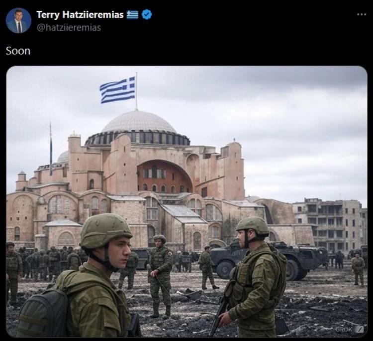 <p><strong>YUNAN KİNİNİ KUSTU</strong></p>

<p>Hatziieremias, kubbesinde Yunan bayrağının yer aldığı Ayasofya Camii ve önünde İstanbul’u işgal eden Yunan askerlerinin bulunduğu, dijital olarak değiştirilmiş bir görseli yeniden "Yakında" notuyla yayınladı.</p>

<p> </p>
