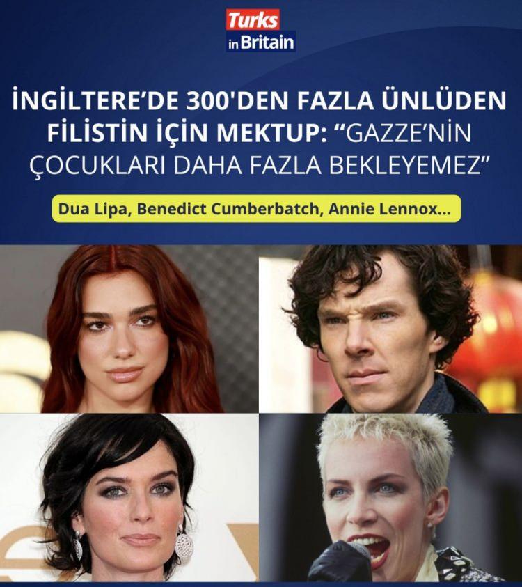 <p>Turks in Britain'de yer alan habere göre, aralarında şarkıcı Dua Lipa, oyuncu Benedict Cumberbatch, eski futbolcu ve televizyon yorumcusu Gary Lineker ile şarkıcı Annie Lennox'un da bulunduğu 300'den fazla ünlü, İngiltere hükümetine açık mektup yazdı.</p>