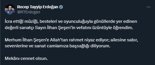 <p>Cumhurbaşkanı Recep Tayyip Erdoğan hayatını kaybeden ünlü sanatçının yakınlarına başsağlığı diledi. </p>