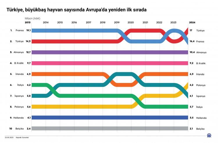 <p>Söz konusu dönemde Türkiye'nin büyükbaş hayvan sayısı ise bir önceki yıla göre yüzde 2,4 artışla 16 milyon 986 bin oldu.</p>