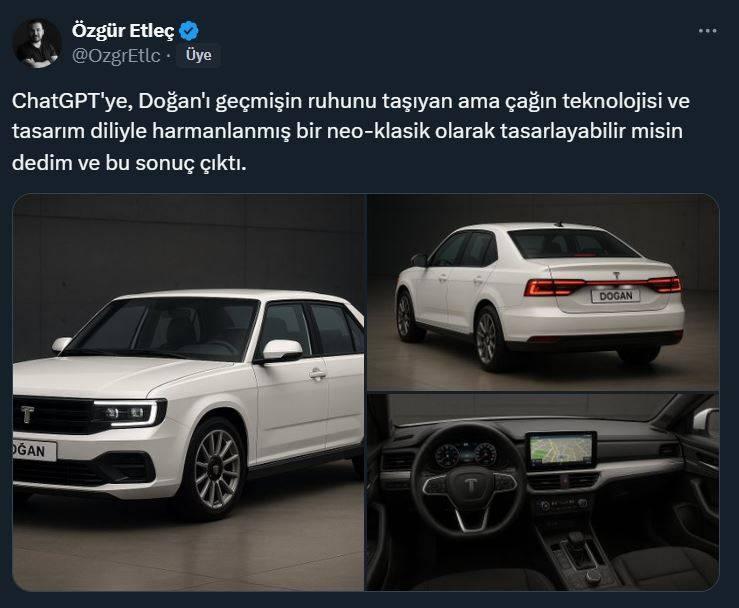 <p><span style="color:#B22222"><strong>DOĞAN, ŞAHİN VE TOROS GÜNÜMÜZDE NASIL GÖRÜNÜRDÜ?</strong></span></p>

<p> </p>

<p><strong>Bir zamanlar döneme damgasını vuran arabalar şimdi tasarlansaydı nasıl görünürdü? Mesela; Doğan, Şahin ve Toros'un günümüzde tasarlanmış yeni modelleri sizce nasıl olurdu? </strong></p>

<p> </p>

<p>Bu sorunun merakını gidermek isteyen X'te @OzgrEtlc kullanıcı adına sahip bir vatandaş yapay zekaya geçmişe damga vuran Doğan'ın günümüzdeki halini çizdirdi. Kısa süre içerisinde 4 milyon görüntülenme alan gönderinin altına diğer kullanıcılar da çizdirdikleri eski modellerin yeni hallerini yayınladı.</p>
