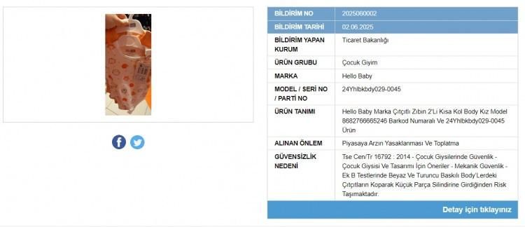 <p>Hello Baby markasına ait kısa kollu bebek zıbınında <strong>boğma riski</strong> tespit edildi (8682766665246 Barkod Numaralı ve 24Yhlbkbdy029-0045 ürün).</p>