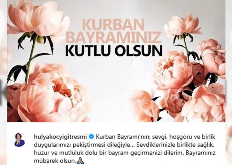 <p><span style="color:rgb(128, 0, 0)"><strong>HÜLYA KOÇYİĞİT</strong></span></p>
<p><span style="color:rgb(0, 0, 0)"><em><strong>"Kurban Bayramı’nın; sevgi, hoşgörü ve birlik duygularımızı pekiştirmesi dileğiyle… Sevdiklerinizle birlikte sağlık, huzur ve mutluluk dolu bir bayram geçirmenizi dilerim. Bayramınız mübarek olsun."</strong></em></span></p>