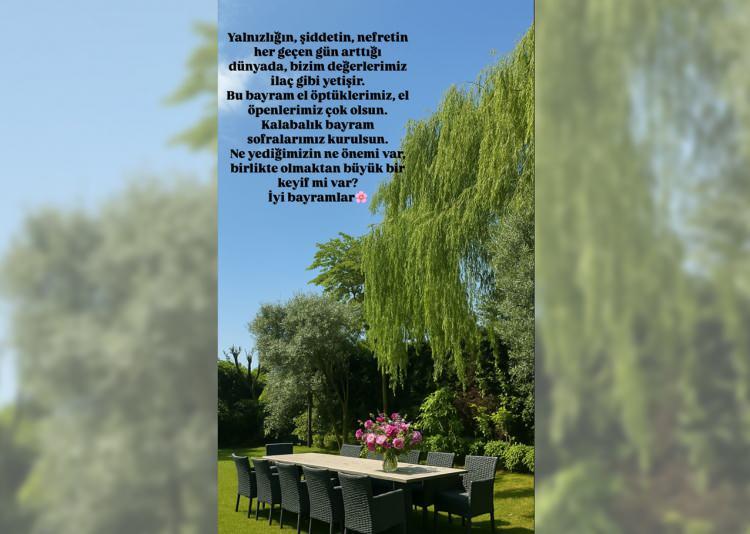 <p><span style="color:rgb(128, 0, 0)"><strong>ESRA EROL</strong></span></p>

<p><span style="color:rgb(0, 0, 0)"><em><strong>"Yalnızlığın, şiddetin, nefretin her geçen gün arttığı dünyada, bizim değerlerimiz ilaç gibi yetişir. Bu bayram el öptüklerimiz, el öpenlerimiz çok olsun. Kalabalık bayram sofralarımız kurulsun. Ne yediğimizin ne önemi var, birlikte olmaktan büyük bir keyif mi var? İyi bayramlar"</strong></em></span></p>
