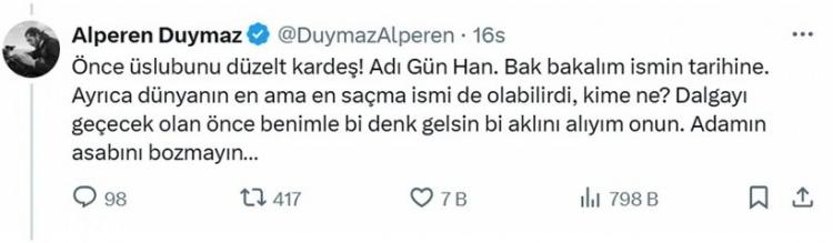 <p><span style="color:#000000"><strong>Dalgayı geçecek olan önce benimle bir denk gelsin bir aklını alayım onun. Adamın asabını bozmayın…"</strong></span></p>
