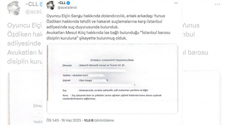 <p>Oyuncunun dekorasyon işlerini yapan mimarlık şirketi sahibi Abdullah Celal Erol, <em><strong>"Oyuncu Elçin Sangu hakkında dolandırıcılık, erkek arkadaşı Yunus Özdiken hakkında tehdit ve hakaret suçlamalarına karşı İstanbul adliyesinde suç duyurusunda bulunduk. <br />
Avukatları Mesut Kılıç hakkında ise bağlı bulunduğu 'İstanbul barosu disiplin kuruluna' şikayette bulunmuş olduk."</strong></em> şeklinde açıklamada bulundu.</p>