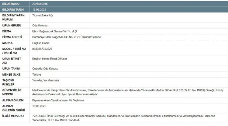 <p>İlgili ürünün güvensizlik nedeni şöyle açıklandı:</p>