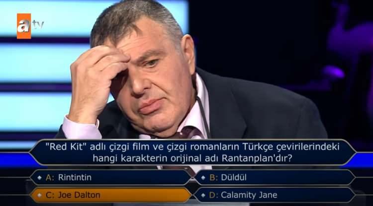 <p>Red Kit adlı çizgi film ve çizgi romanlarının Türkçe çevirilerindeki hangi karakterin orijinal adı Rantanplan'dır?</p>
<p>A. Rintintin</p>
<p>B. Düldül</p>
<p>C. Joe Dalton</p>
<p>D. Calamity Jane</p>
