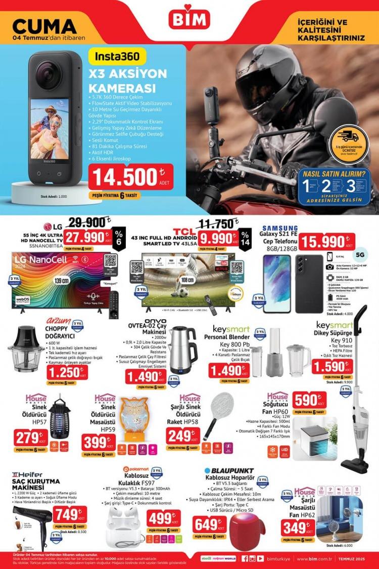 <p> </p>
<p> </p>
<p><strong>- Insta360 X3 Aksiyon Kamerası</strong>: 14.500 TL</p>
<p><strong>- LG 55'' 4K Ultra HD Nanocell TV</strong>: 29.900 TL</p>
<p><strong>- TCL 43'' Full HD Android Smart LED TV</strong>: 11.750 TL</p>
<p><strong>- Samsung Galaxy S21 FE Cep Telefonu 8 GB / 128 GB</strong>: 15.990 TL</p>
<p><strong>- Arzum Choppy Doğrayıcı</strong>: 1.250 TL</p>
<p><strong>- Onvo Çay Makinesi</strong>: 1.490 TL</p>
<p><strong>- Keysmart Personal Blender</strong>: 1.490 TL</p>
<p><strong>- Keysmart Dikey Süpürge</strong>: 1.590 TL</p>
<p><strong>- Sinek Öldürücü</strong>: 279 TL</p>
<p><strong>- Sinek Öldürücü Masaüstü</strong>: 399 TL</p>
<p><strong>- Şarjlı Sinek Öldürücü Raket</strong>: 249 TL</p>
<p><strong>- Kablosuz Kulaklık</strong>: 499 TL</p>
<p><strong>- Saç Kurutma Makinesi</strong>: 749 TL</p>
<p><strong>- Şarjlı Masaüstü Fan</strong>: 349 TL</p>