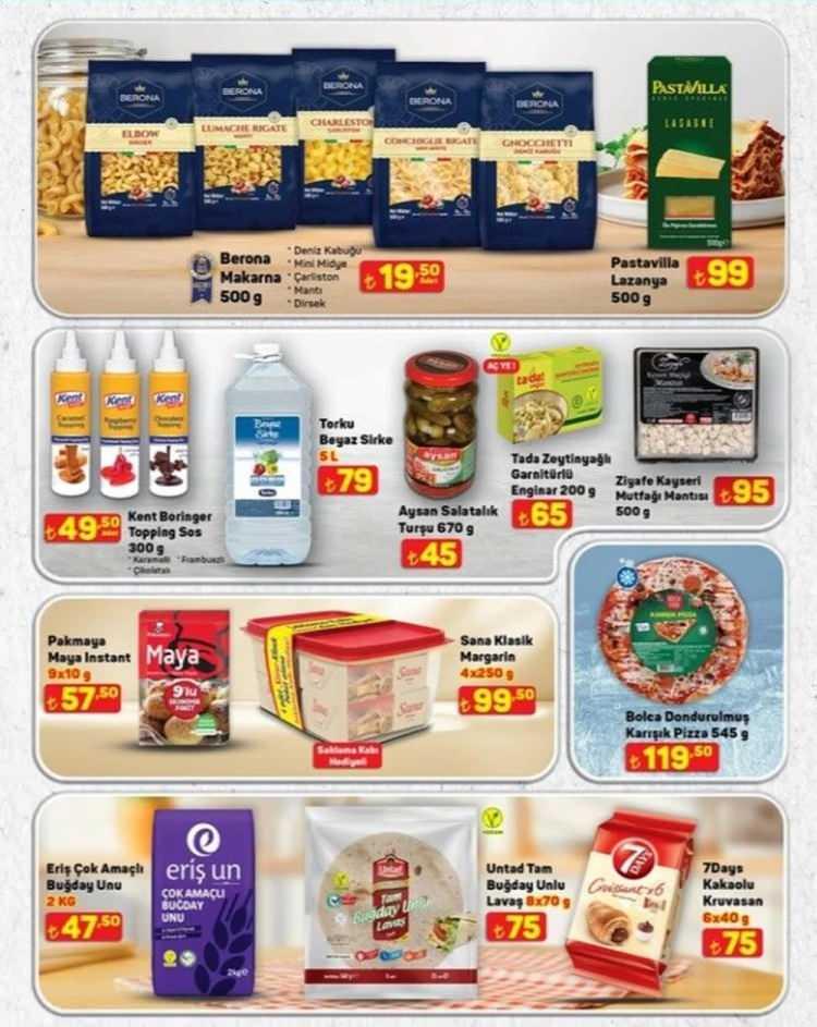 <p><strong>A101 AKTÜL KATALOG 10 TEMMUZ 2025</strong></p>
<p>Berona Makarna 19,50 TL</p>
<p>Torku Beyaz Sirke 79 TL</p>
<p>Sana Klasik Margari 4'lü 99,50 TL</p>
<p>Çok Amaçlı Buğday Unu 2 KG 47,50 TL</p>