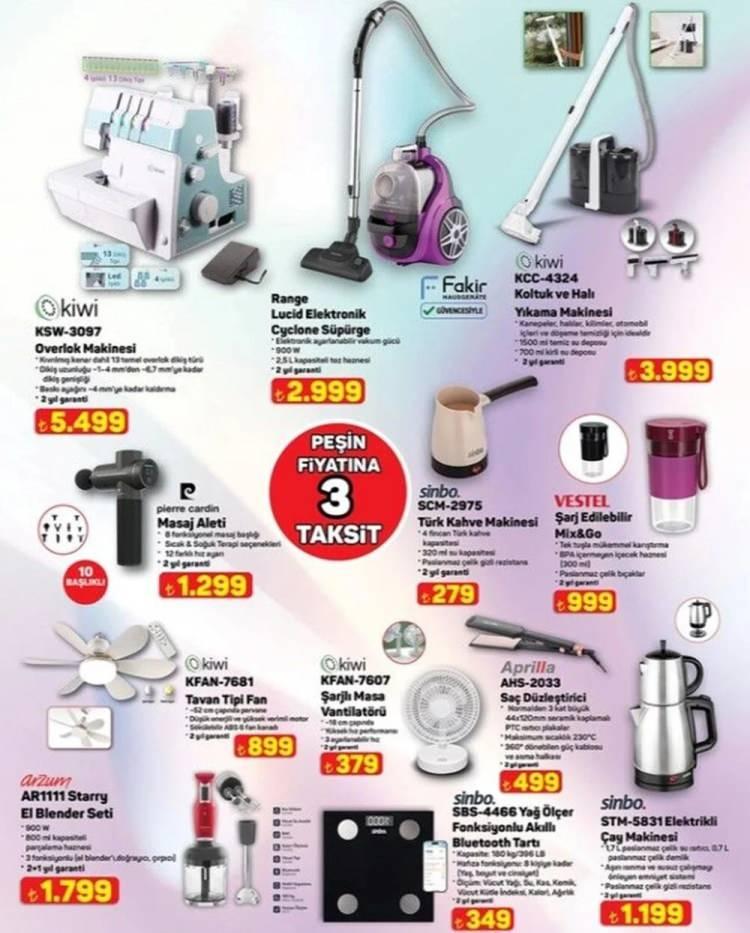 <p>Overlok Makinesi 5.499 TL</p>
<p>Elektronik Cyclone Süpürge 2.999 TL</p>
<p>Koltuk/Halı Yıkama Makinesi 3.999 TL</p>
<p>Masaj Aleti 1.299 TL</p>
<p>Sinbo Elektrikli Çay Makinesi 1.199 TL</p>
<p>El Blender eti 1.799 TL</p>
