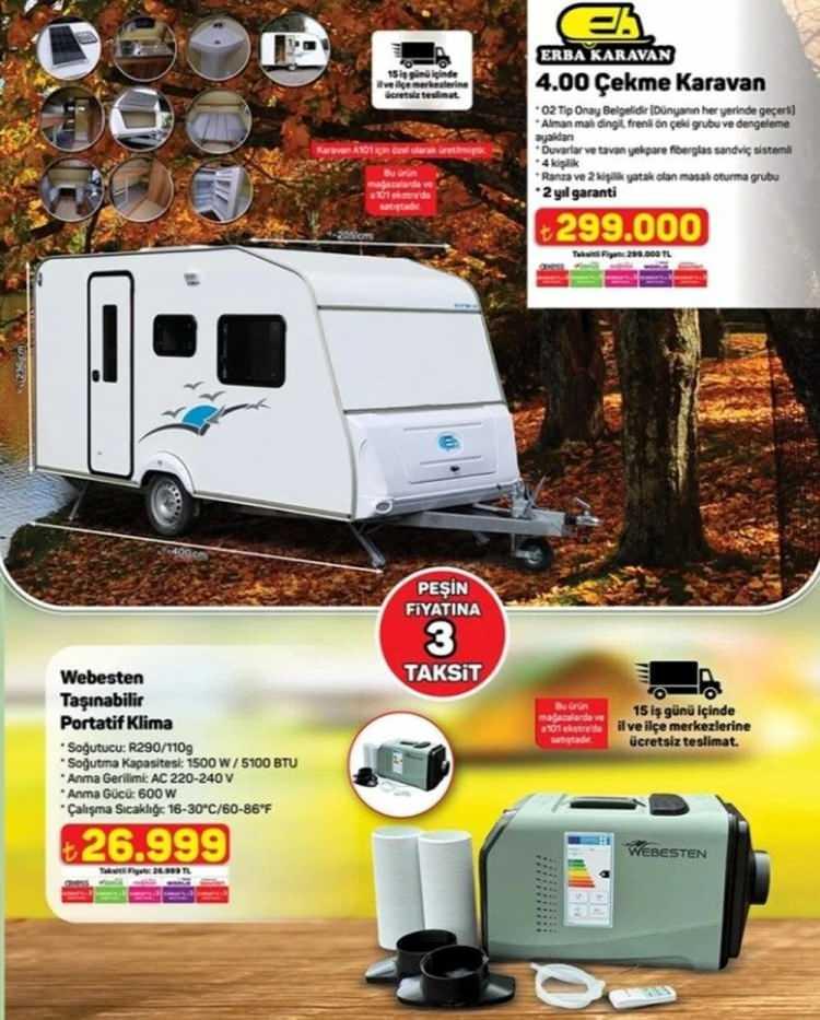<p>Çekme Karavan 299.000 TL</p>

<p>Taşınabilir Portatif Klima 26.999 TL</p>
