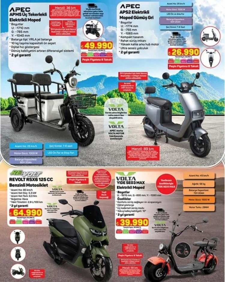 <p>Üç Tekerlekli Elektrikli Moped 49.990 TL</p>
<p>Elektrikli Moped Gümüş Gri 26.990 TL</p>
<p>125 CC Benzinli Motosiklet 64.990 TL</p>
<p>Elektrikli Moped 39.990 TL</p>