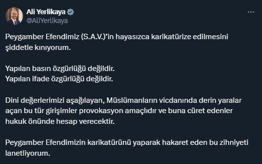 <p><span style="color:rgb(178, 34, 34)">BAKAN YERLİKAYA: BU ZİHNİYETİ LANETLİYORUM</span></p>
<p>İçişleri Bakanı Ali Yerlikaya, Leman dergisinin saygısızlığı hakkında <strong>"Peygamber Efendimiz (S.A.V.)’in hayasızca karikatürize edilmesini şiddetle kınıyorum. Yapılan basın özgürlüğü değildir. Yapılan ifade özgürlüğü değildir. Dini değerlerimizi aşağılayan, Müslümanların vicdanında derin yaralar açan bu tür girişimler provokasyon amaçlıdır ve buna cüret edenler hukuk önünde hesap verecektir. Peygamber Efendimizin karikatürünü yaparak hakaret eden bu zihniyeti lanetliyorum."</strong> açıklamasını yaptı. </p>