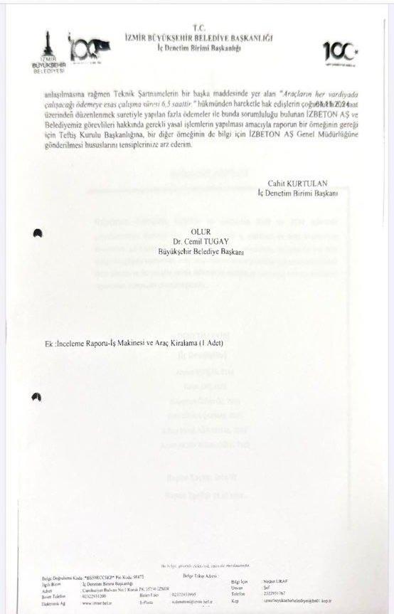 <p><span data-darkreader-inline-color="" style="--darkreader-inline-color:var(--darkreader-text-b22222, #df5858); color:rgb(178, 34, 34)"><strong>BİLGİ 'İÇERİDEN</strong></span>'</p>
<p>Operasyonla ilgili İzmir Büyükşehir Belediye Başkanı Cemil Tugay'ın da belediye içerisindeki denetim birimine kendinden önceki dönemle ilgili incelemeler yaptırdığı da ortaya çıktı.</p>
<p>Bir önceki belediye başkanı Tunç Soyer döneminde yapılan iki dosya yönünden iç denetim biriminde yapılan araştırmalar sonucu bunlarla ilgili raporlar düzenlendikten sonra Cemil Tugay'ın imzasıyla geçen 23 Haziran tarihli belgeyle savcılığa bildirimde bulunulduğu öğrenildi.</p>