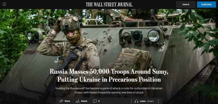 <p>WALL STREET JOURNAL (WSJ) GAZETESİNDEN ÇARPICI HABER: RUSYA SUMİ 'NİN ÇEVRESİNE 50,000 ASKER YIĞARAK UKRAYNA'YI ZOR DURUMA SOKTU</p>

<p><br />
Wall Street Journal (WSJ) gazetesine göre; Rusya’nın sık sık yeni taarruz hatları açması üzerine Ruslara karşı koymak, sayıca az olan Ukrayna askerleri için bir köşe kapmaca oyununa dönüştü.</p>
