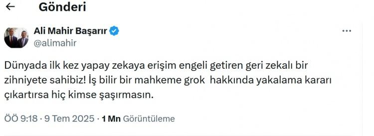 <p><span data-darkreader-inline-color="" style="--darkreader-inline-color:var(--darkreader-text-b22222, #df5858); color:rgb(178, 34, 34)"><strong>GERİ ZEKALI ZİHNİYET</strong></span></p>
<p>CHP'li Başarır, X hesabından yaptığı açıklamada, "<strong>Dünyada ilk kez yapay zekaya erişim engeli getiren geri zekalı bir zihniyete sahibiz! İş bilir bir mahkeme grok hakkında yakalama kararı çıkartırsa hiç kimse şaşırmasın</strong>." dedi.</p>