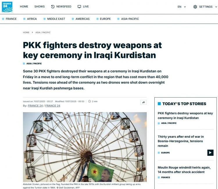 <p>FRANCE24:</p>
<p>“PKK militanları IKBY’deki önemli törende silahları imha etti”</p>
<p> </p>