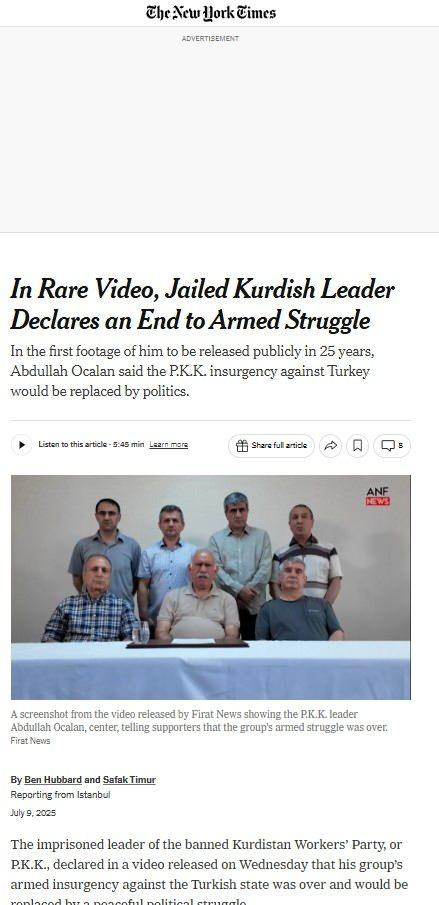 <p>THE NEW YORK TİMES</p>
<p> </p>
<p>Örneğin The New York Times, konuya ilişkin haberi “Hapisteki Kürt lider yayınladığı nadir videoda silahlı mücadeleye son verdiğini açıkladı” şeklinde duyurdu</p>
<p> </p>