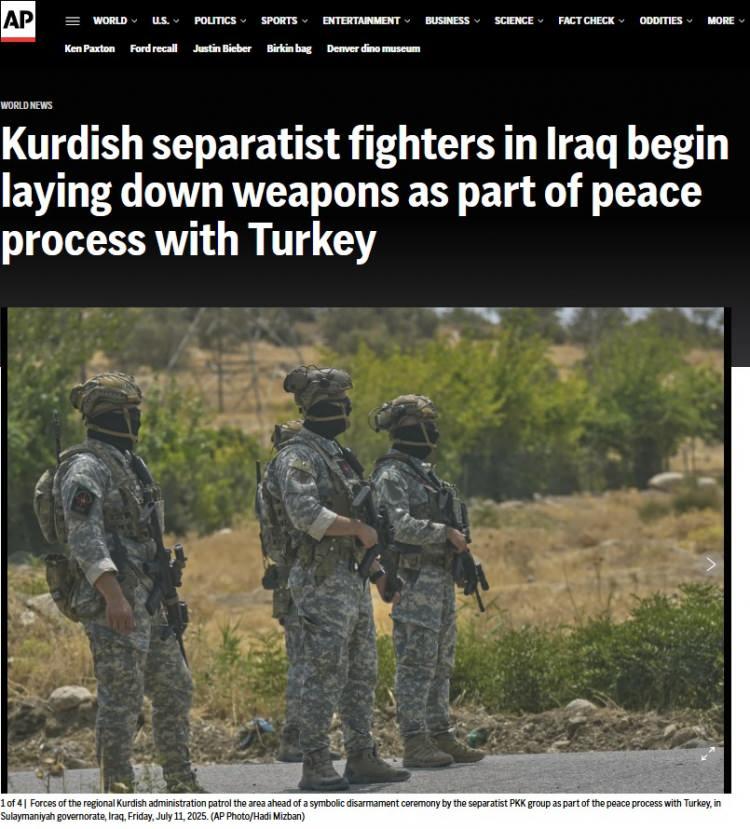 <p>AP:</p>

<p>“Irak'taki ayrılıkçı Kürt savaşçılar Türkiye ile barış sürecinin bir parçası olarak silah bırakmaya başladı”</p>

<p> </p>
